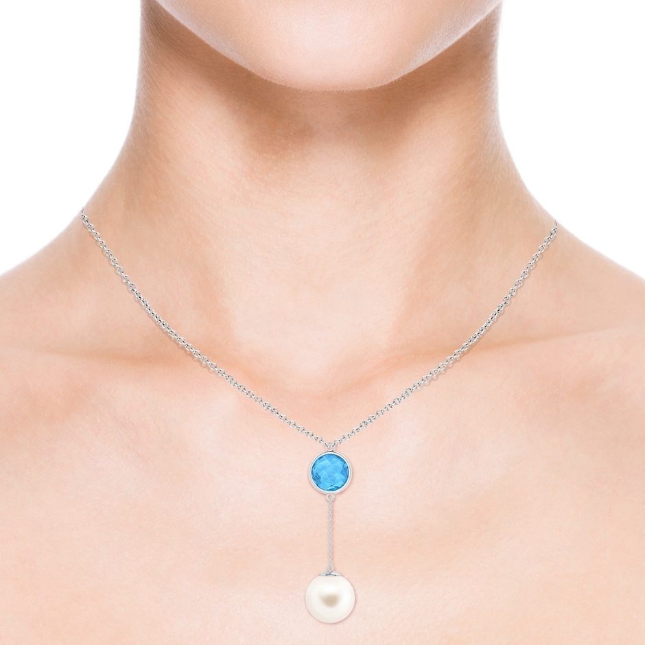 12mm AAA Freshwater Pearl & Swiss Blue Topaz Lariat Necklace in White Gold body-neck