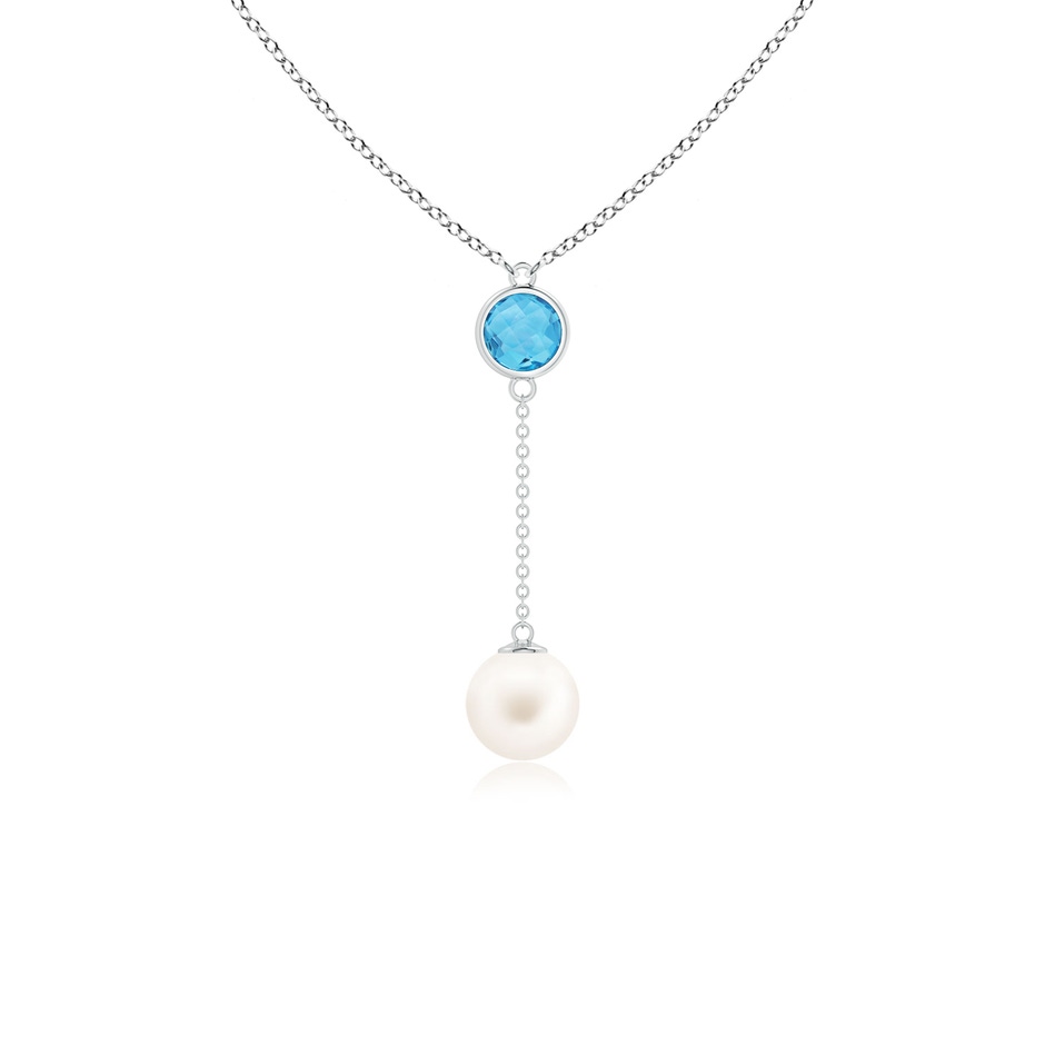8mm AA Freshwater Pearl & Swiss Blue Topaz Lariat Necklace in White Gold 