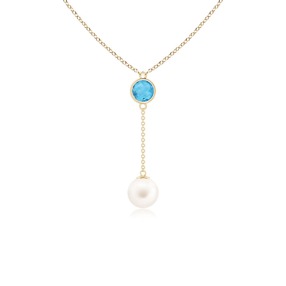 8mm AA Freshwater Pearl & Swiss Blue Topaz Lariat Necklace in Yellow Gold 