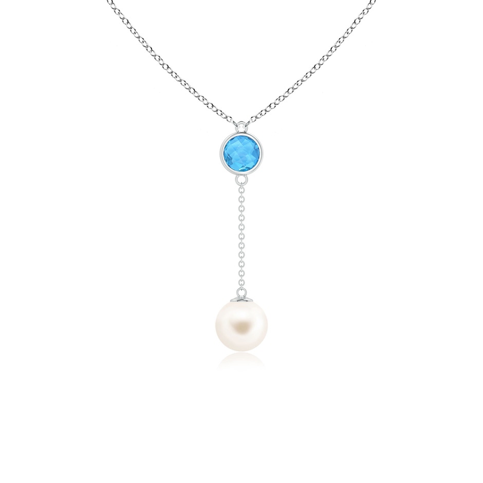8mm AAA Freshwater Pearl & Swiss Blue Topaz Lariat Necklace in White Gold 