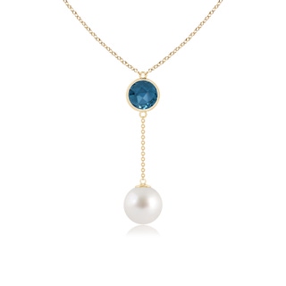 10mm AAA South Sea Pearl & London Blue Topaz Lariat Necklace in Yellow Gold