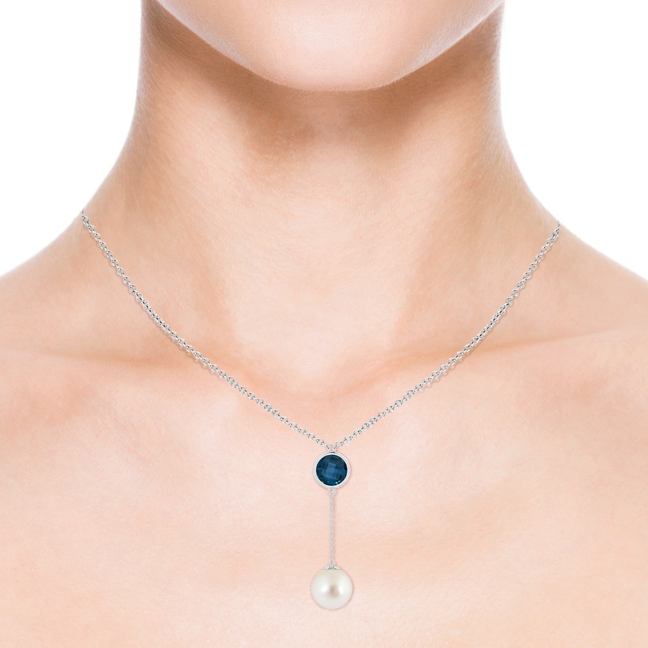 10mm AAAA South Sea Pearl & London Blue Topaz Lariat Necklace in White Gold body-neck