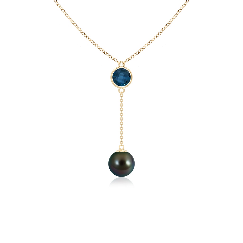 8mm AAAA Tahitian Pearl & London Blue Topaz Lariat Necklace in Yellow Gold
