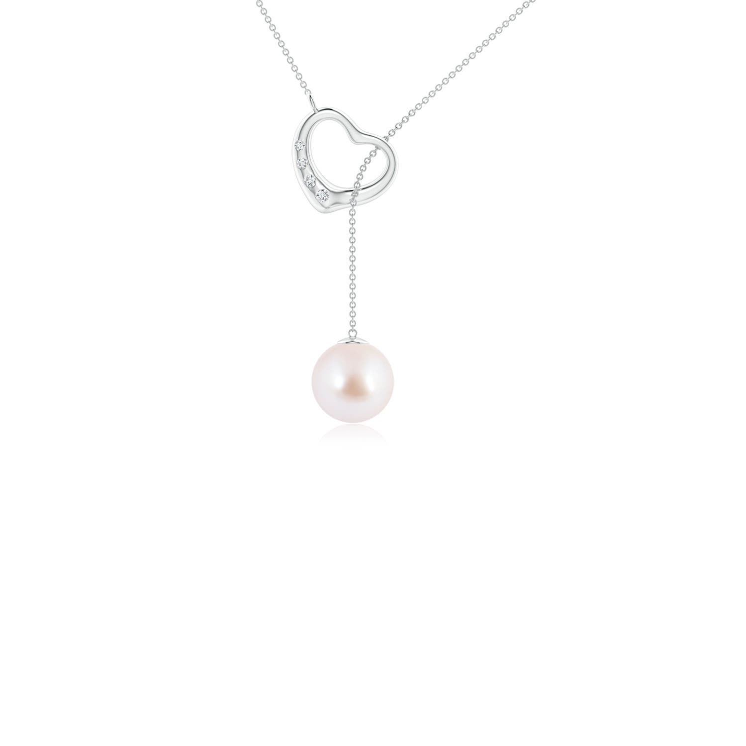 7mm AAA Japanese Akoya Pearl Lariat-Style Heart Necklace in White Gold