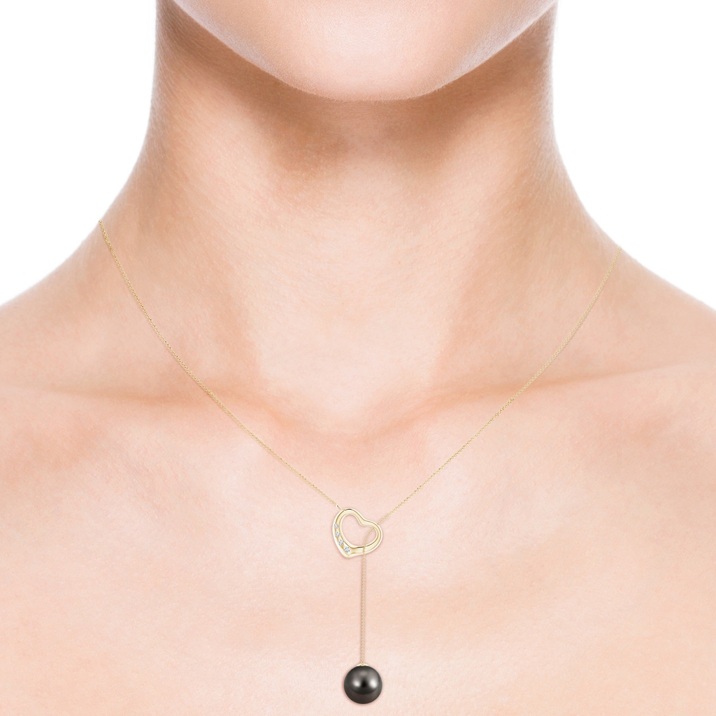 10mm AAA Tahitian Pearl Lariat-Style Heart Necklace in Yellow Gold Body-Neck