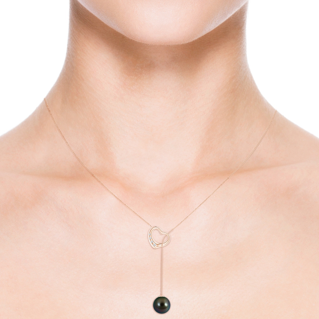 10mm AAAA Tahitian Pearl Lariat-Style Heart Necklace in Rose Gold - body_neck