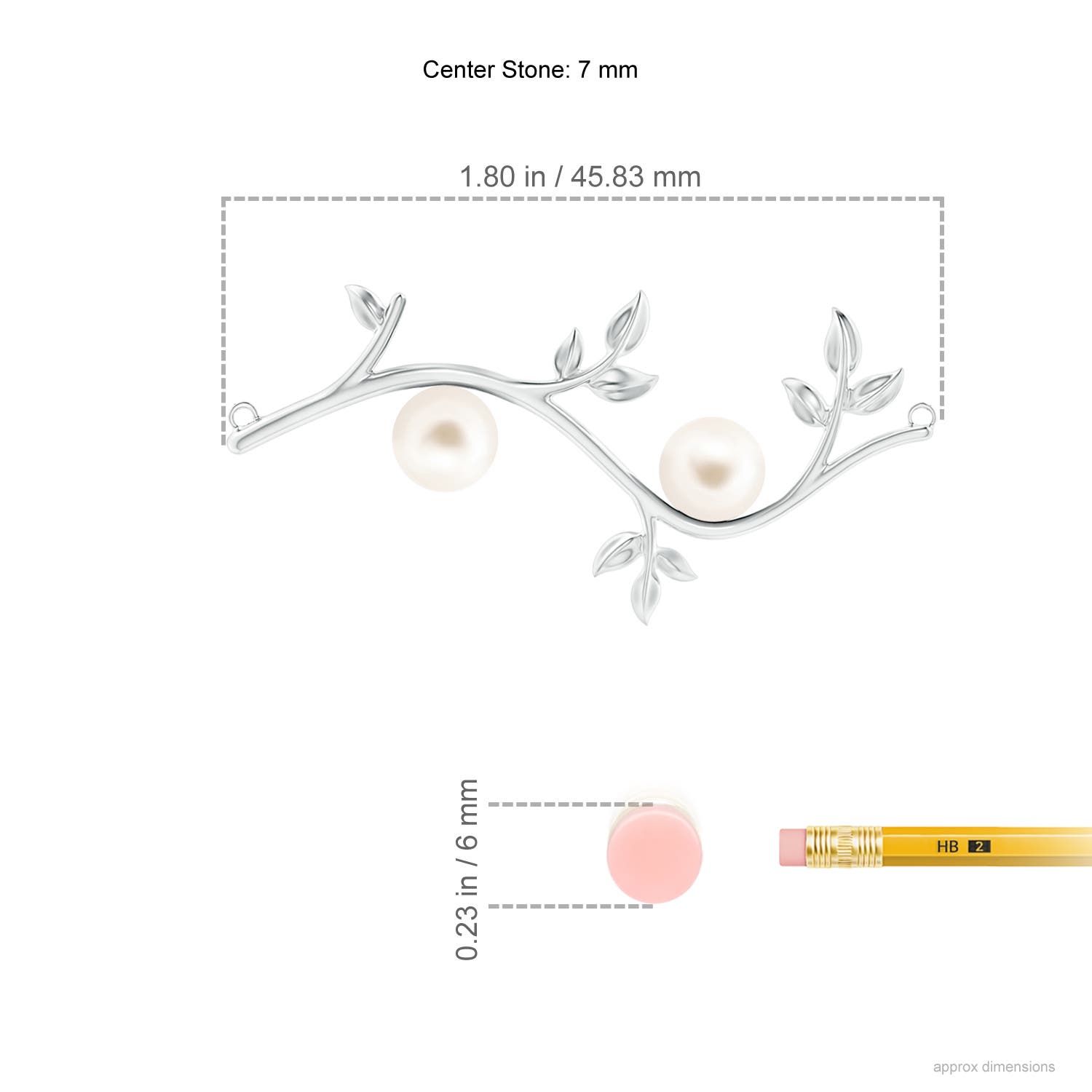 7mm AAA Freshwater Pearl Olive Branch Pendant in White Gold - ruler