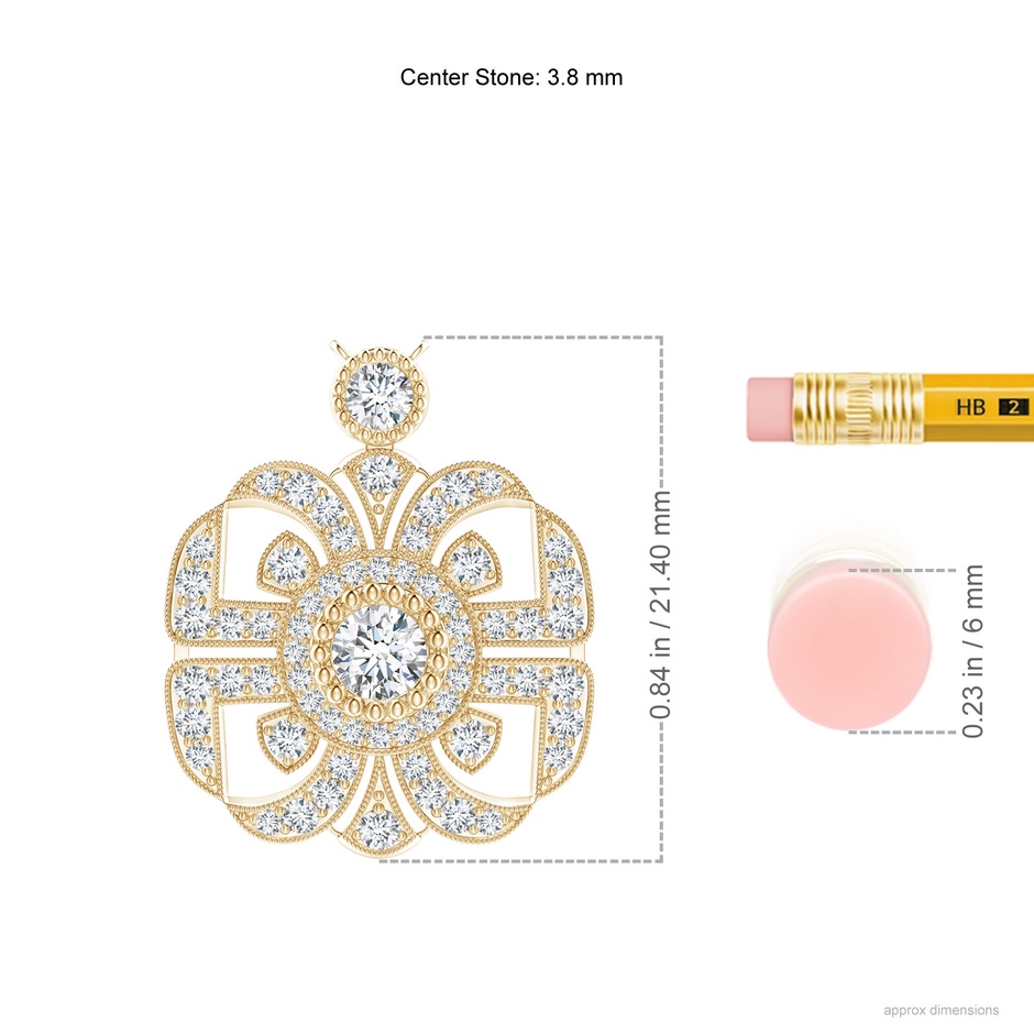 3.8mm GVS2 Art Deco Inspired Diamond Fashion Pendant with Milgrain in Yellow Gold ruler