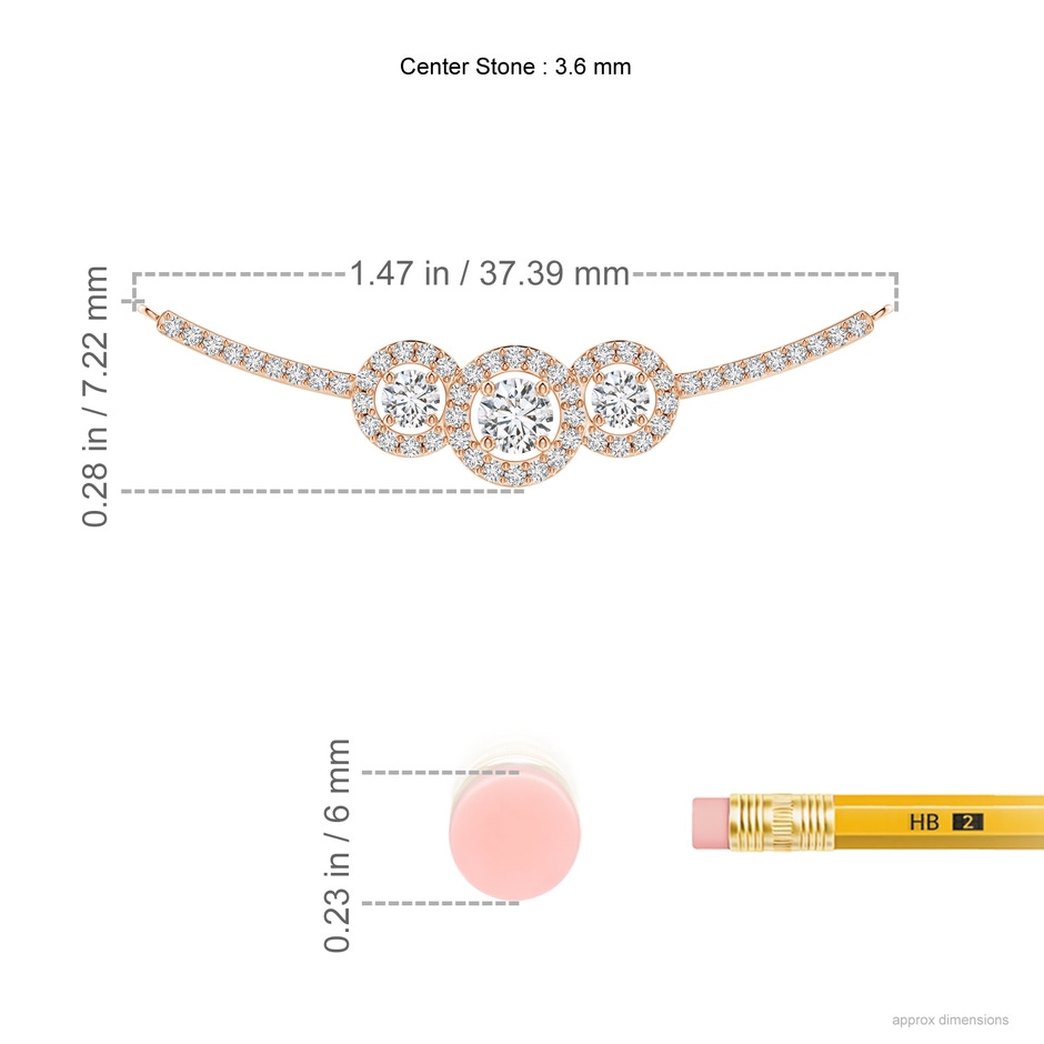 3.6mm HSI2 Three Stone Diamond Halo Curved Bar Pendant in Rose Gold ruler