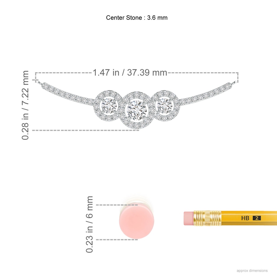 3.6mm HSI2 Three Stone Diamond Halo Curved Bar Pendant in White Gold ruler