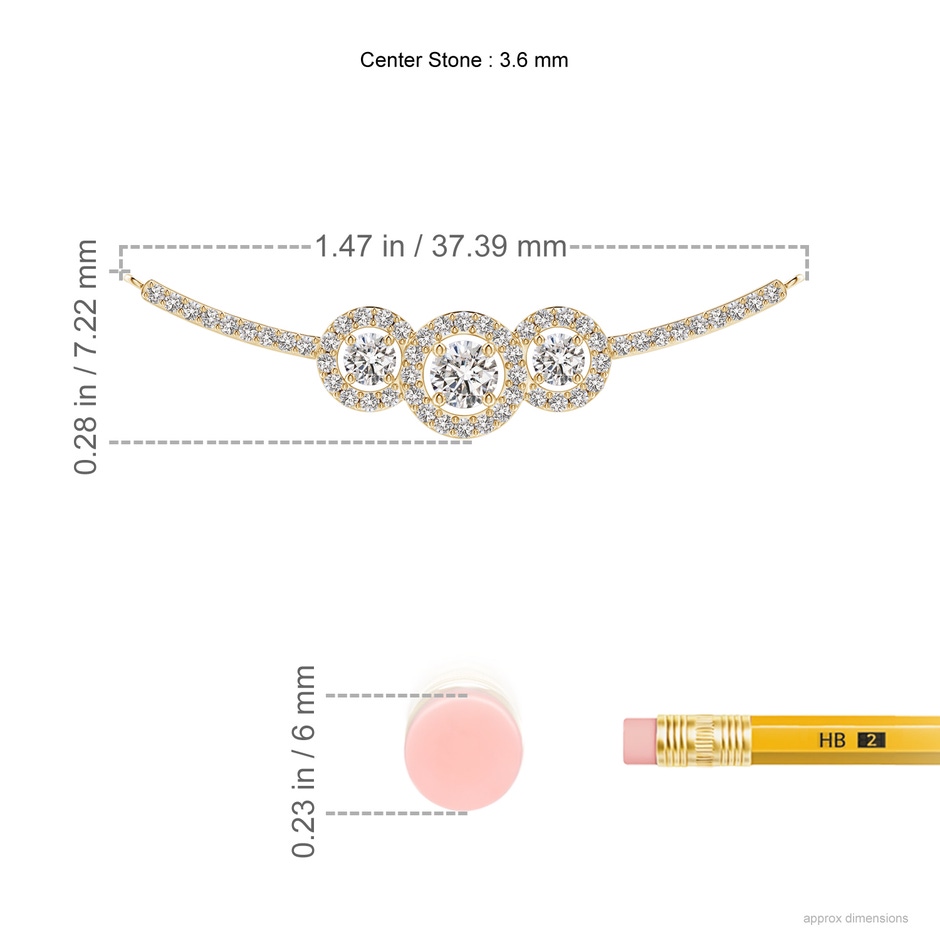 3.6mm IJI1I2 Three Stone Diamond Halo Curved Bar Pendant in Yellow Gold ruler