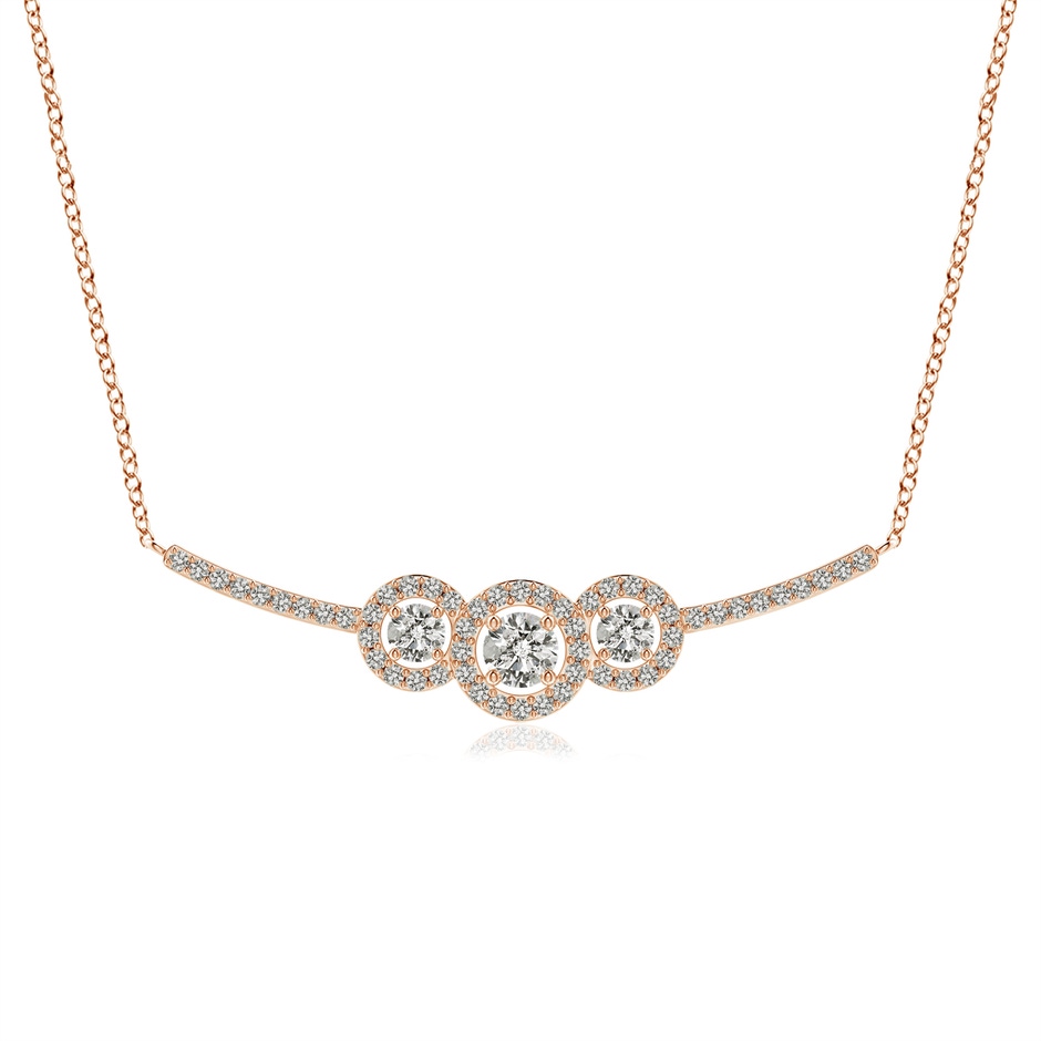 3.6mm KI3 Three Stone Diamond Halo Curved Bar Pendant in Rose Gold 