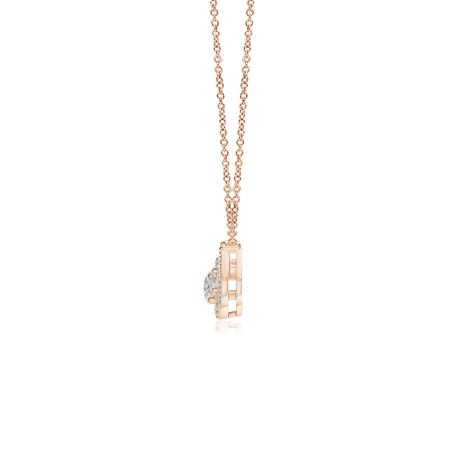 3.6mm KI3 Three Stone Diamond Halo Curved Bar Pendant in Rose Gold side 1