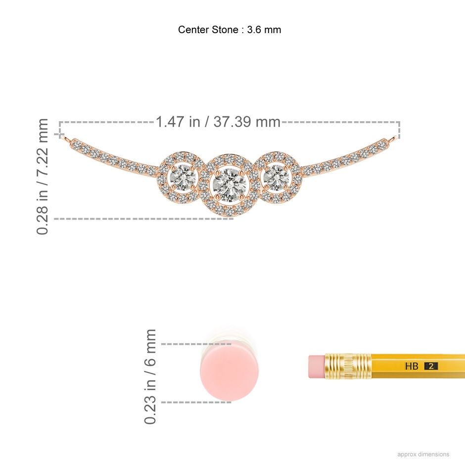 3.6mm KI3 Three Stone Diamond Halo Curved Bar Pendant in Rose Gold ruler