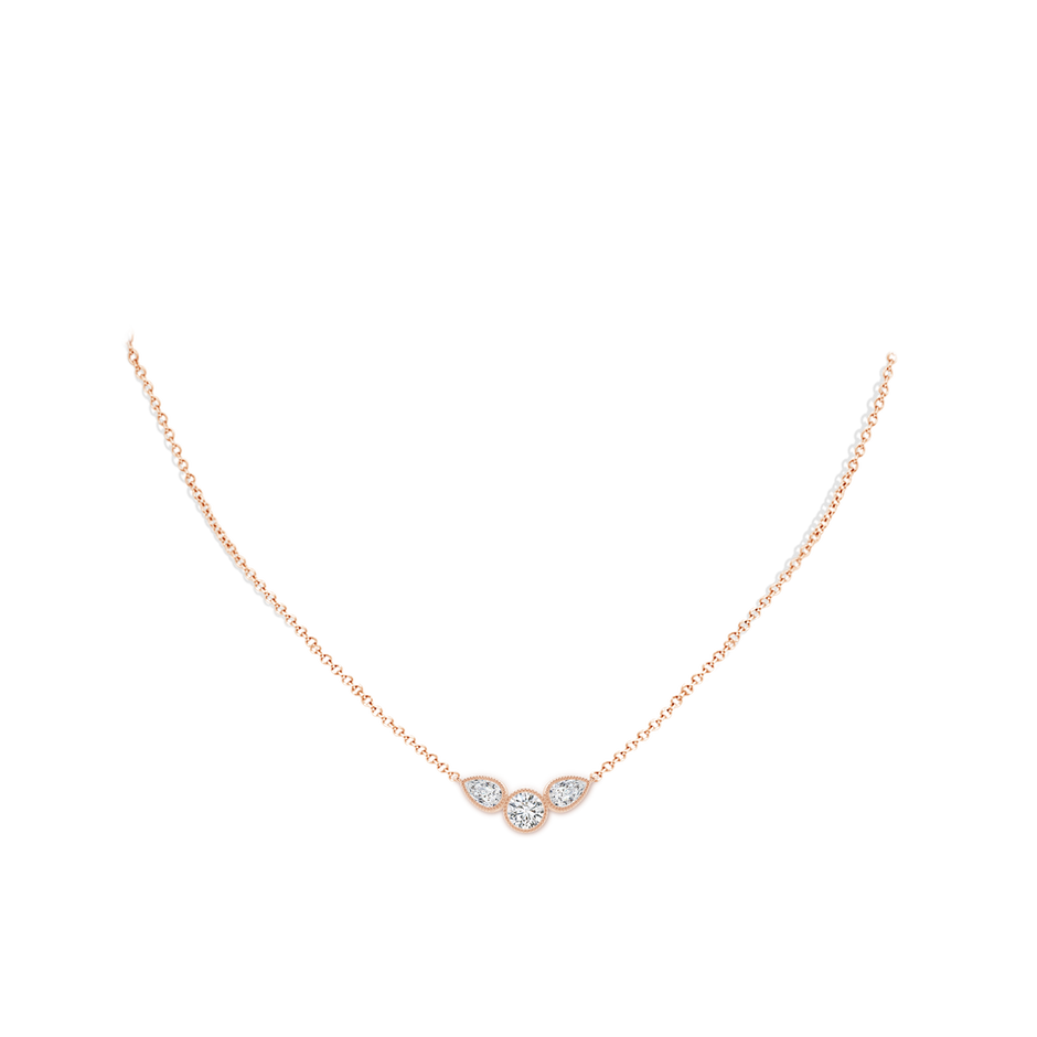 6x4mm HSI2 Bezel-Set Round and Pear-Shaped Diamond Necklace with Milgrain in Rose Gold body-neck