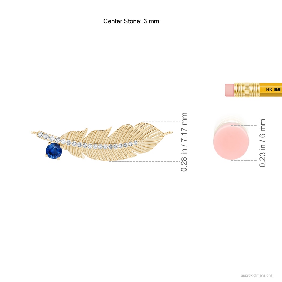 3mm AAA Sapphire Virgo Feather Pendant with Diamonds in Yellow Gold ruler