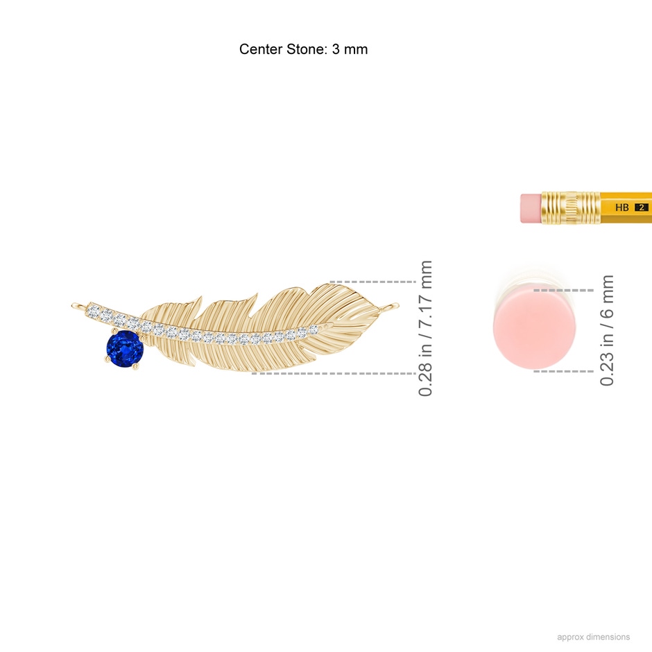 3mm AAAA Sapphire Virgo Feather Pendant with Diamonds in Yellow Gold ruler