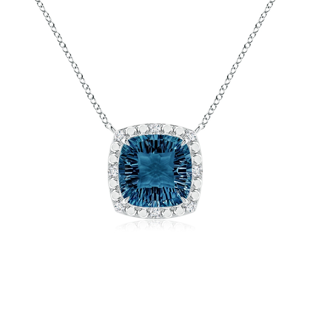 10mm AAAA Claw-Set Cushion London Blue Topaz Pendant with Beaded Halo in 10K White Gold