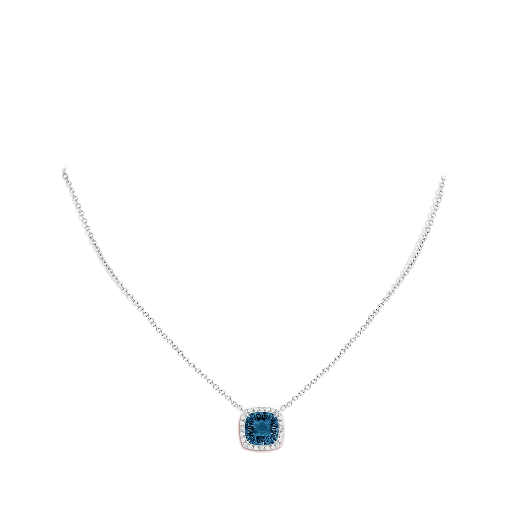 10mm AAAA Claw-Set Cushion London Blue Topaz Pendant with Beaded Halo in 10K White Gold Body-Neck