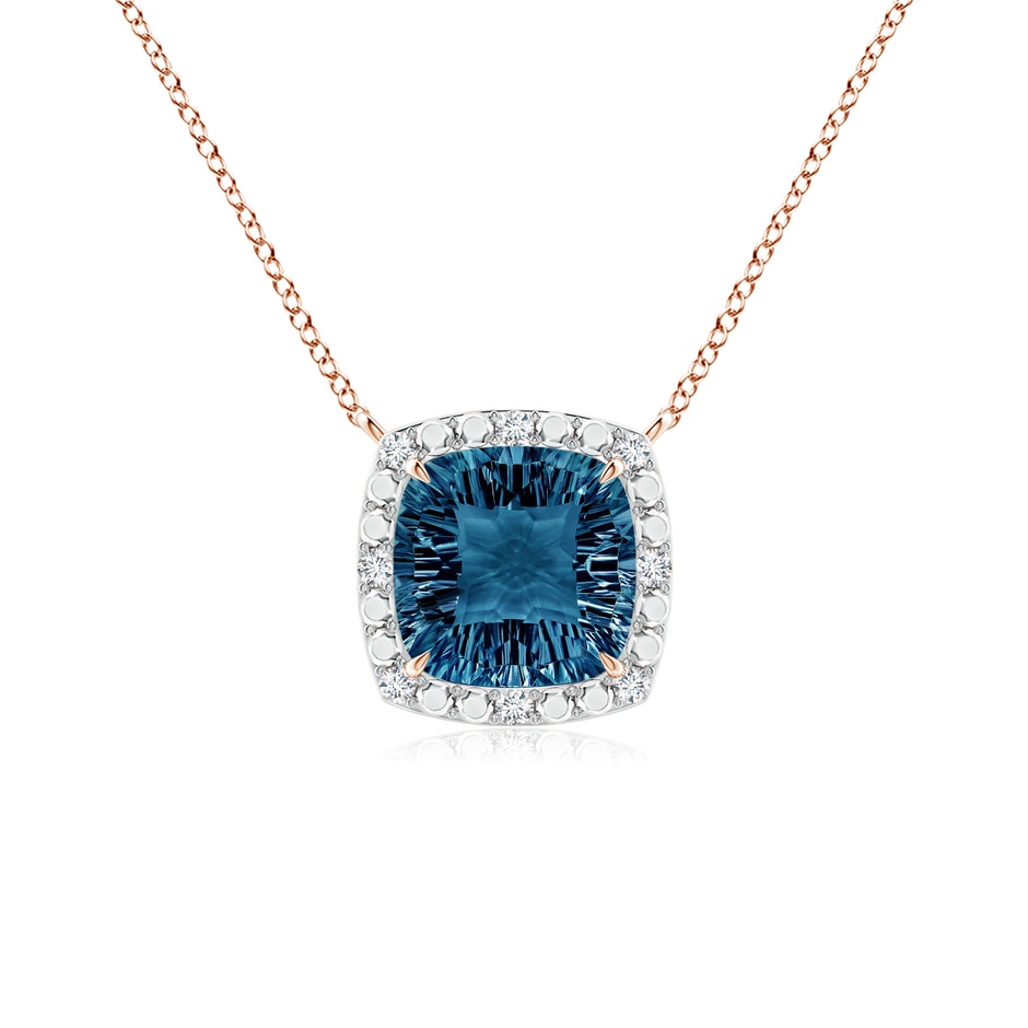 10mm AAAA Claw-Set Cushion London Blue Topaz Pendant with Beaded Halo in Rose Gold 