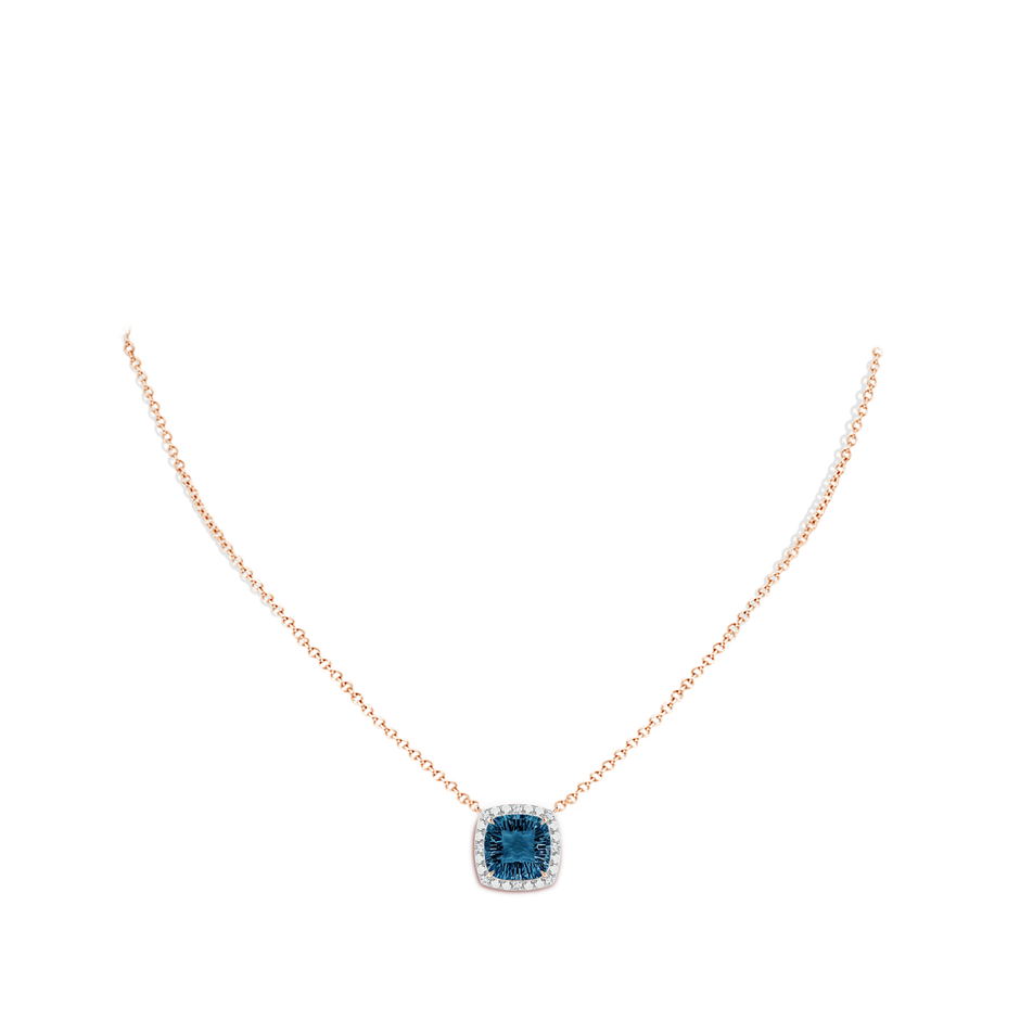10mm AAAA Claw-Set Cushion London Blue Topaz Pendant with Beaded Halo in Rose Gold body-neck