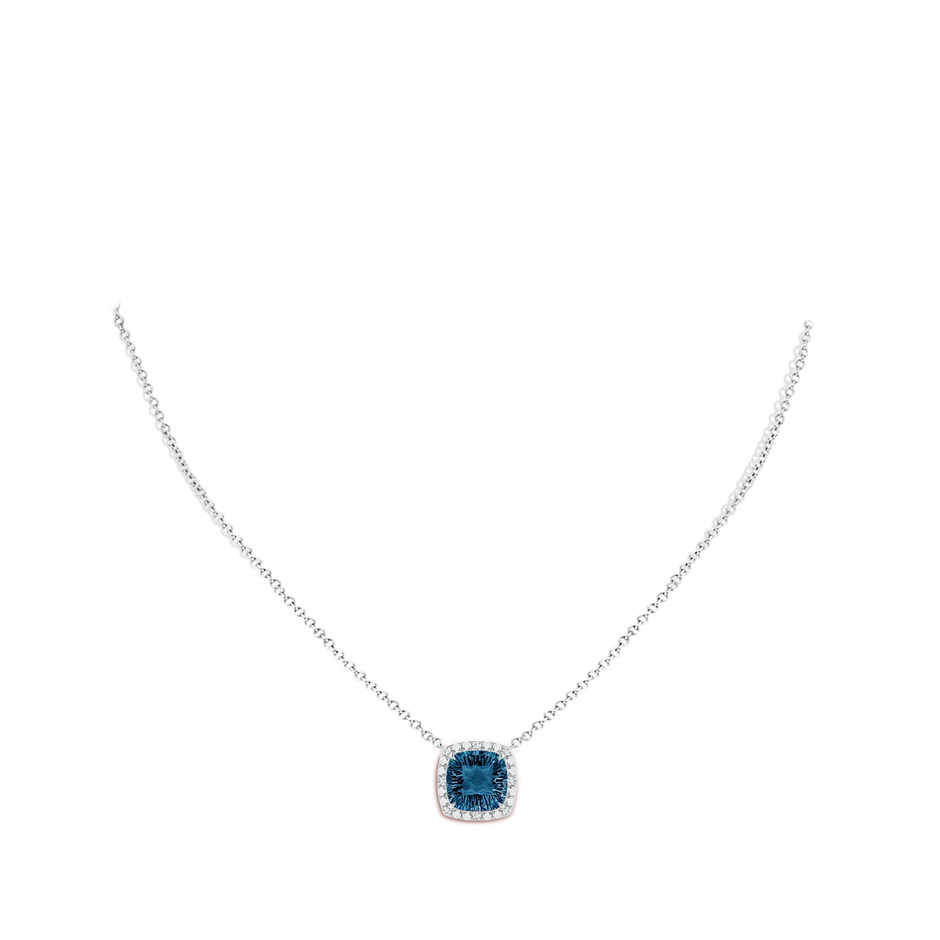 10mm AAAA Claw-Set Cushion London Blue Topaz Pendant with Beaded Halo in White Gold body-neck