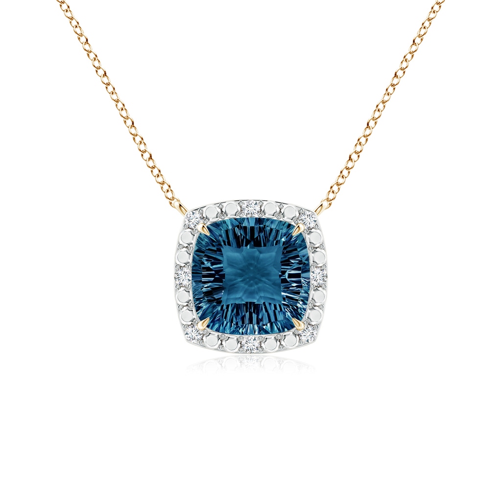 10mm AAAA Claw-Set Cushion London Blue Topaz Pendant with Beaded Halo in Yellow Gold