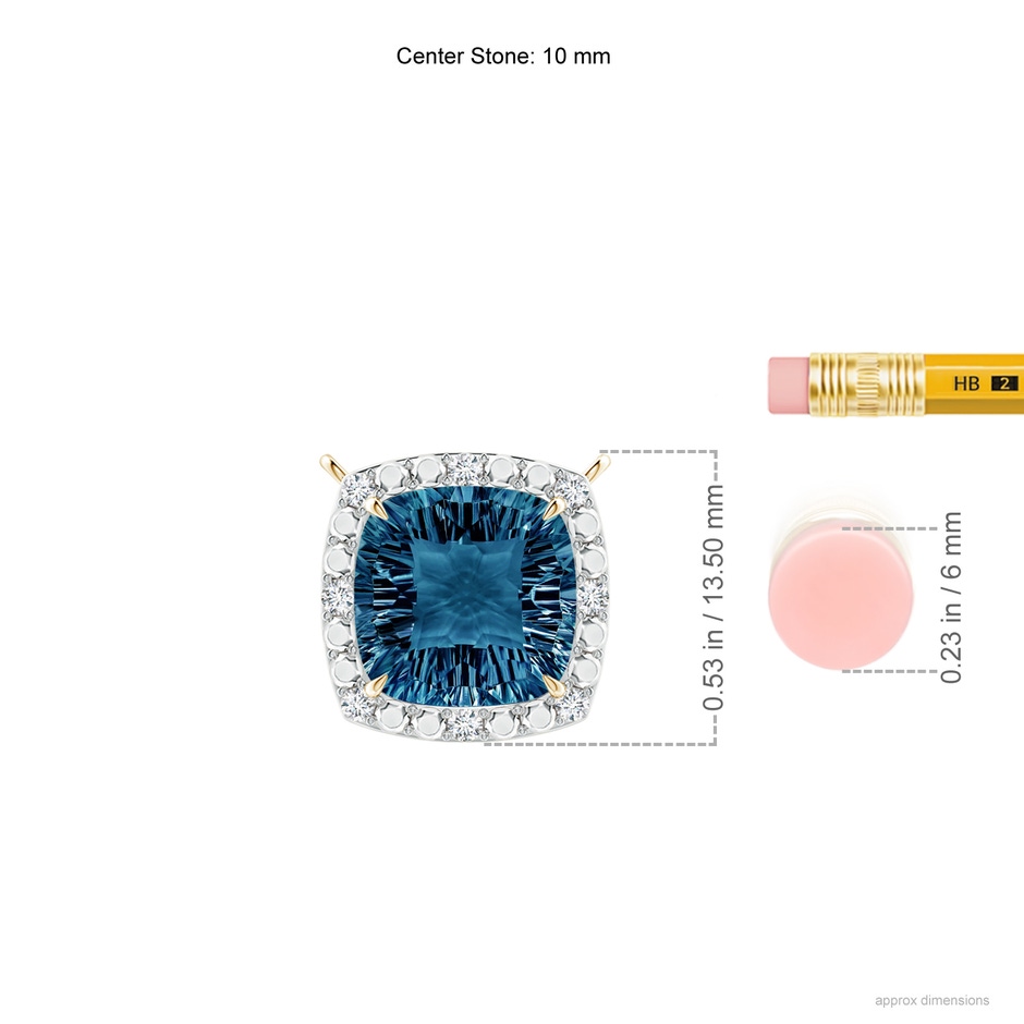 10mm AAAA Claw-Set Cushion London Blue Topaz Pendant with Beaded Halo in Yellow Gold ruler