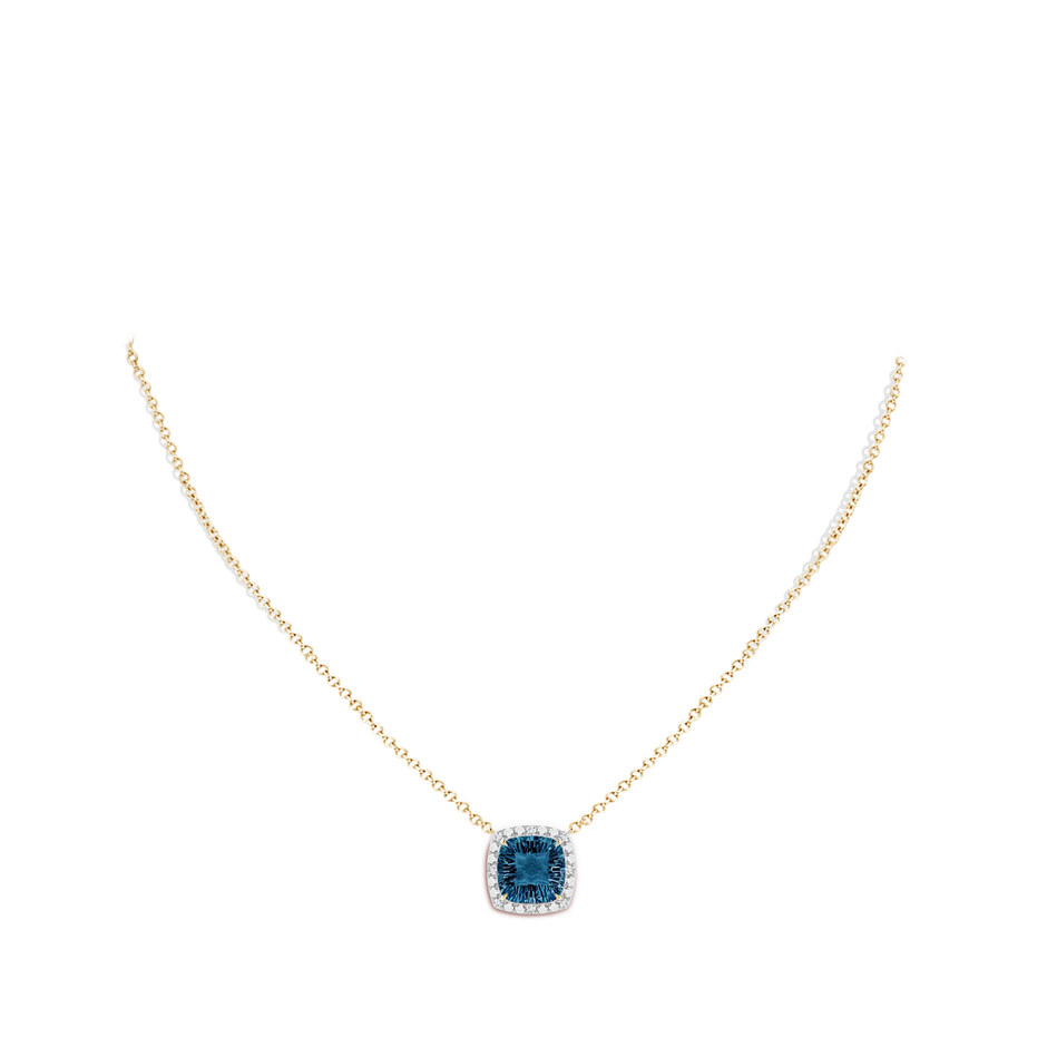 10mm AAAA Claw-Set Cushion London Blue Topaz Pendant with Beaded Halo in Yellow Gold body-neck
