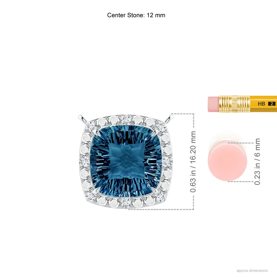 12mm AAAA Claw-Set Cushion London Blue Topaz Pendant with Beaded Halo in P950 Platinum ruler