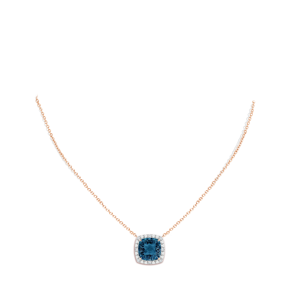 12mm AAAA Claw-Set Cushion London Blue Topaz Pendant with Beaded Halo in Rose Gold body-neck