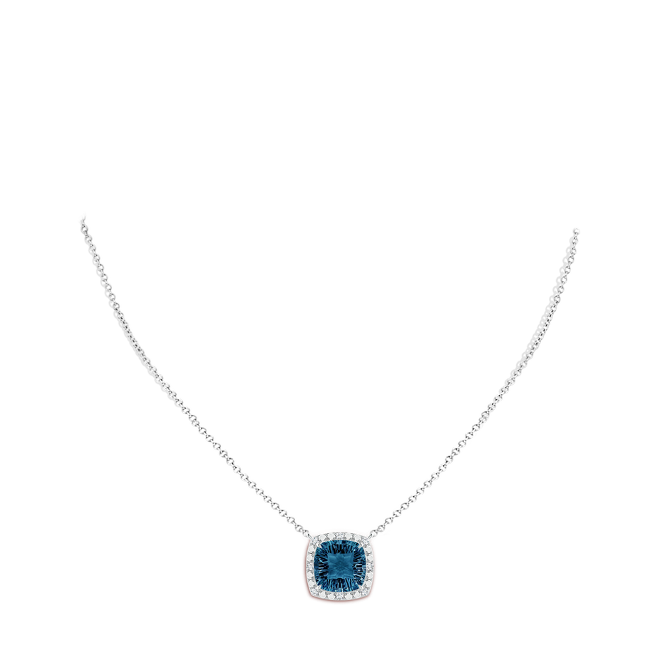 12mm AAAA Claw-Set Cushion London Blue Topaz Pendant with Beaded Halo in White Gold body-neck