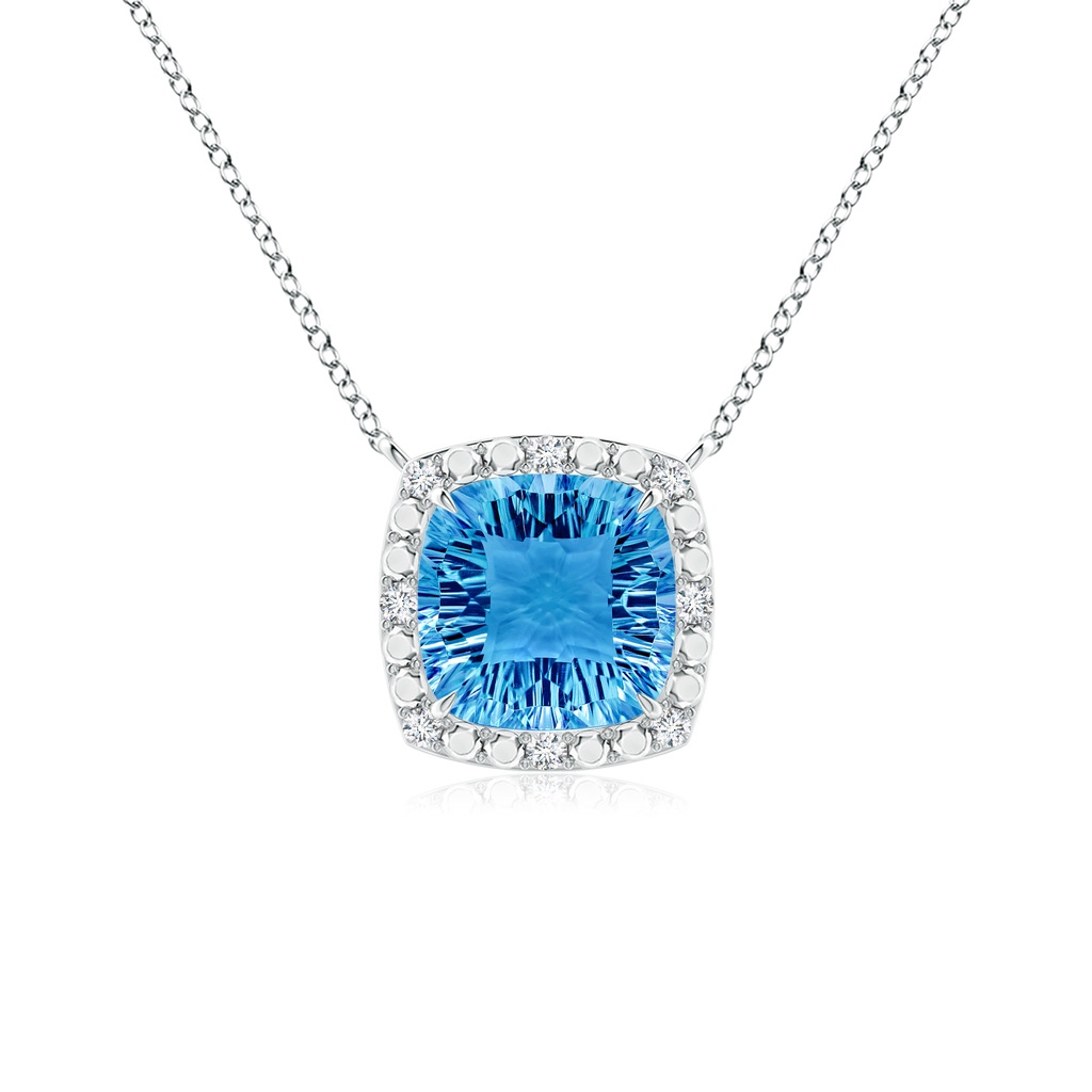 10mm AAAA Claw-Set Cushion Swiss Blue Topaz Pendant with Beaded Halo in White Gold