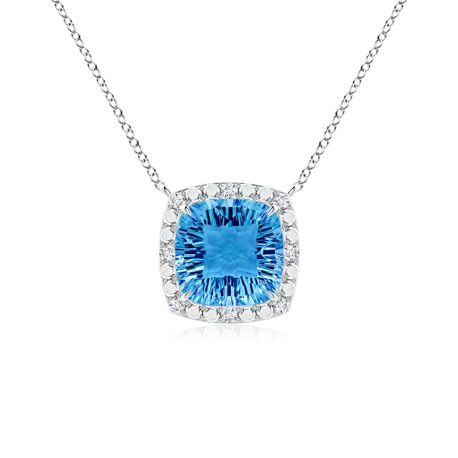 10mm AAAA Claw-Set Cushion Swiss Blue Topaz Pendant with Beaded Halo in White Gold 