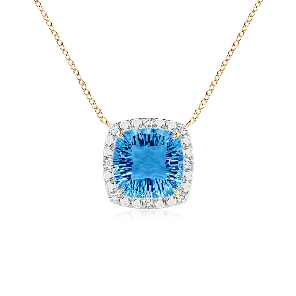 10mm AAAA Claw-Set Cushion Swiss Blue Topaz Pendant with Beaded Halo in Yellow Gold