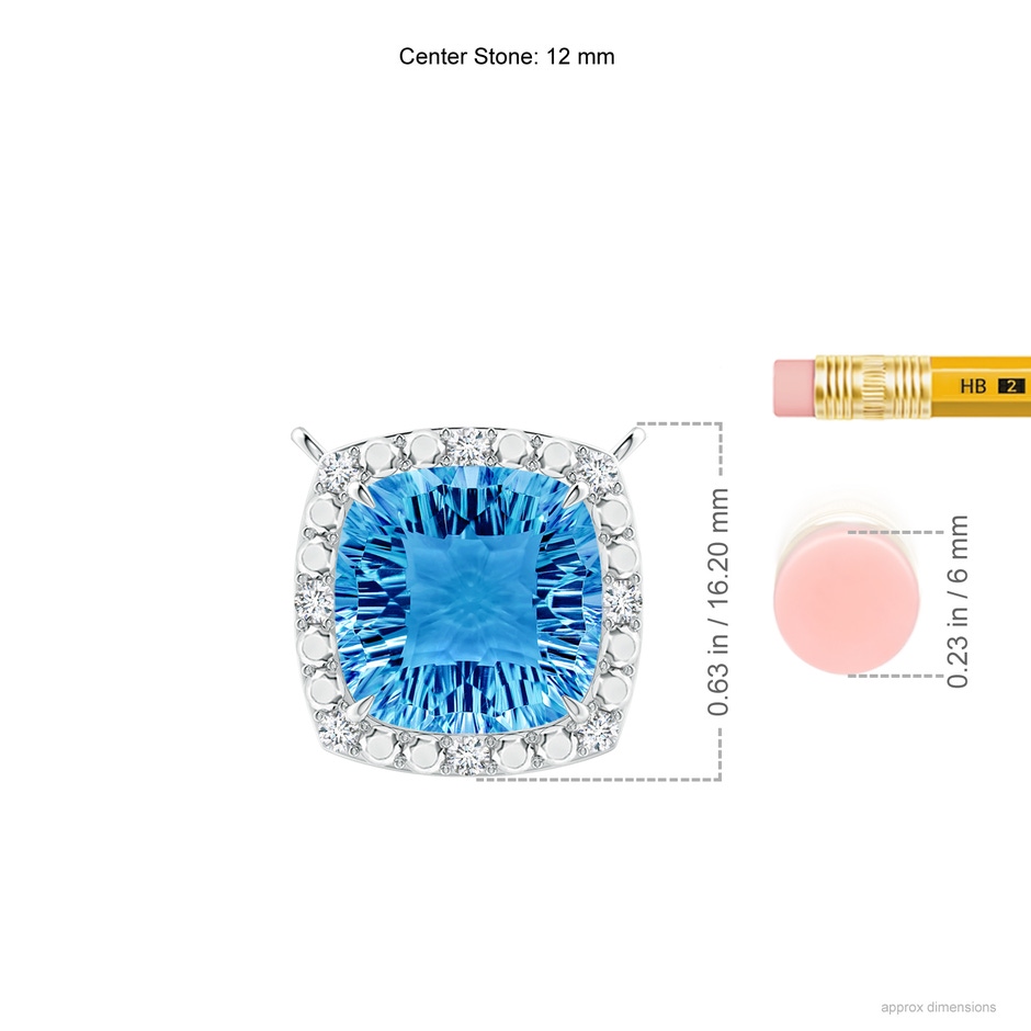 12mm AAAA Claw-Set Cushion Swiss Blue Topaz Pendant with Beaded Halo in P950 Platinum ruler