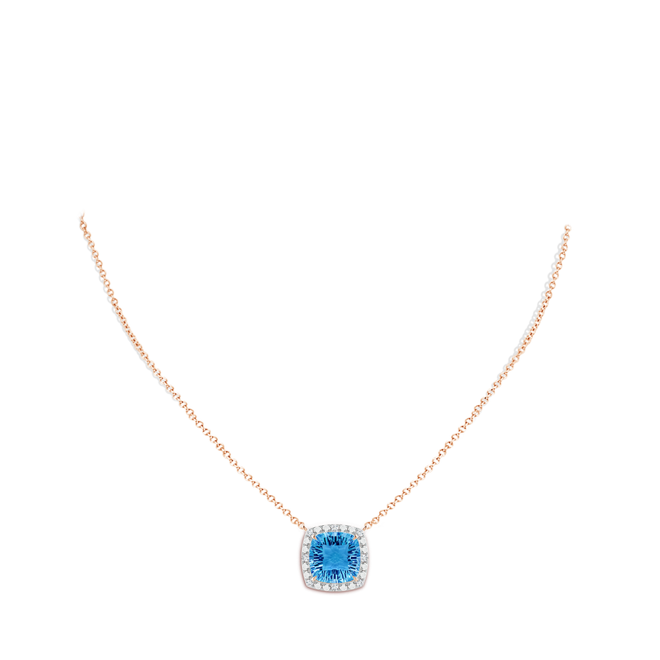 12mm AAAA Claw-Set Cushion Swiss Blue Topaz Pendant with Beaded Halo in Rose Gold body-neck