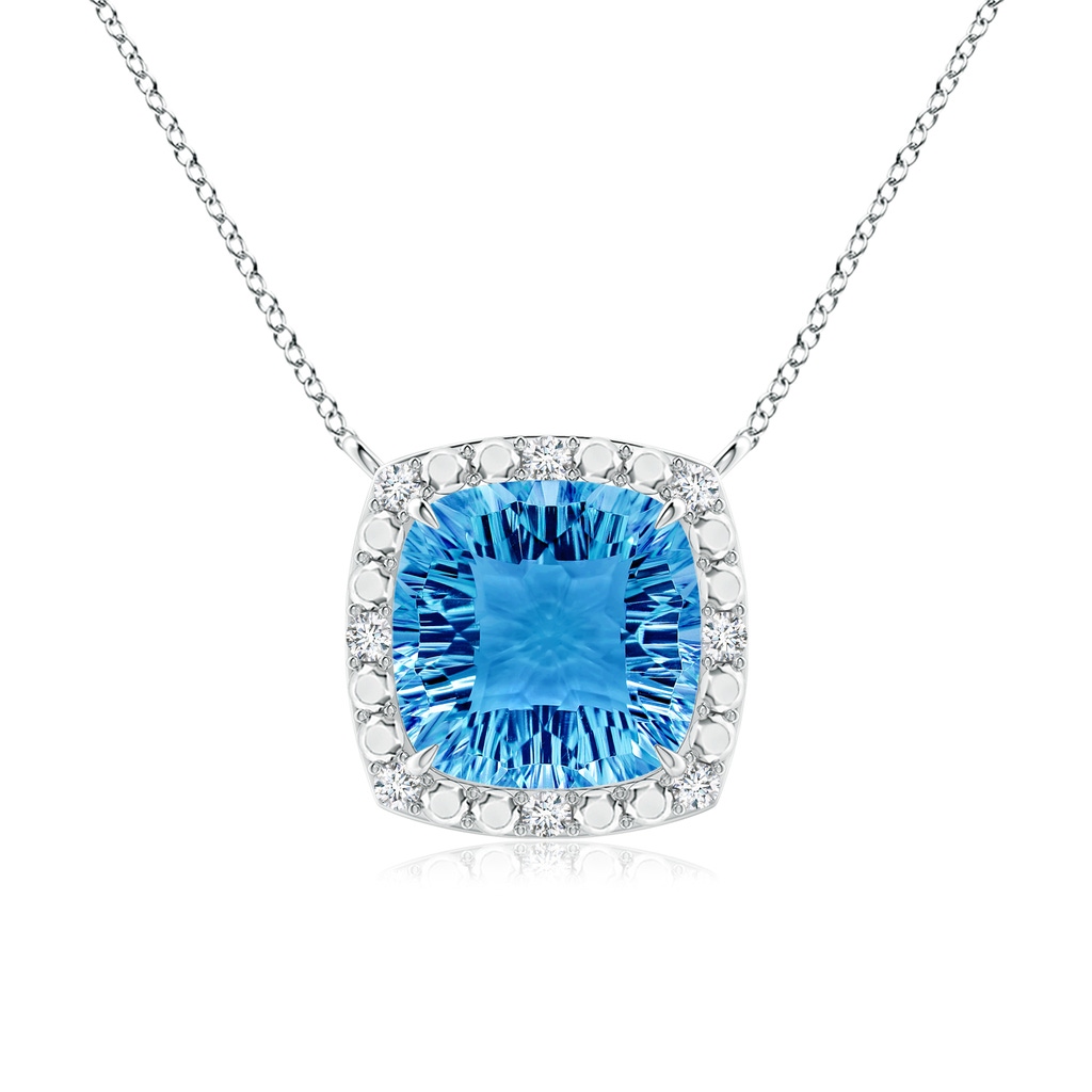 12mm AAAA Claw-Set Cushion Swiss Blue Topaz Pendant with Beaded Halo in White Gold