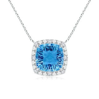 12mm AAAA Claw-Set Cushion Swiss Blue Topaz Pendant with Beaded Halo in White Gold