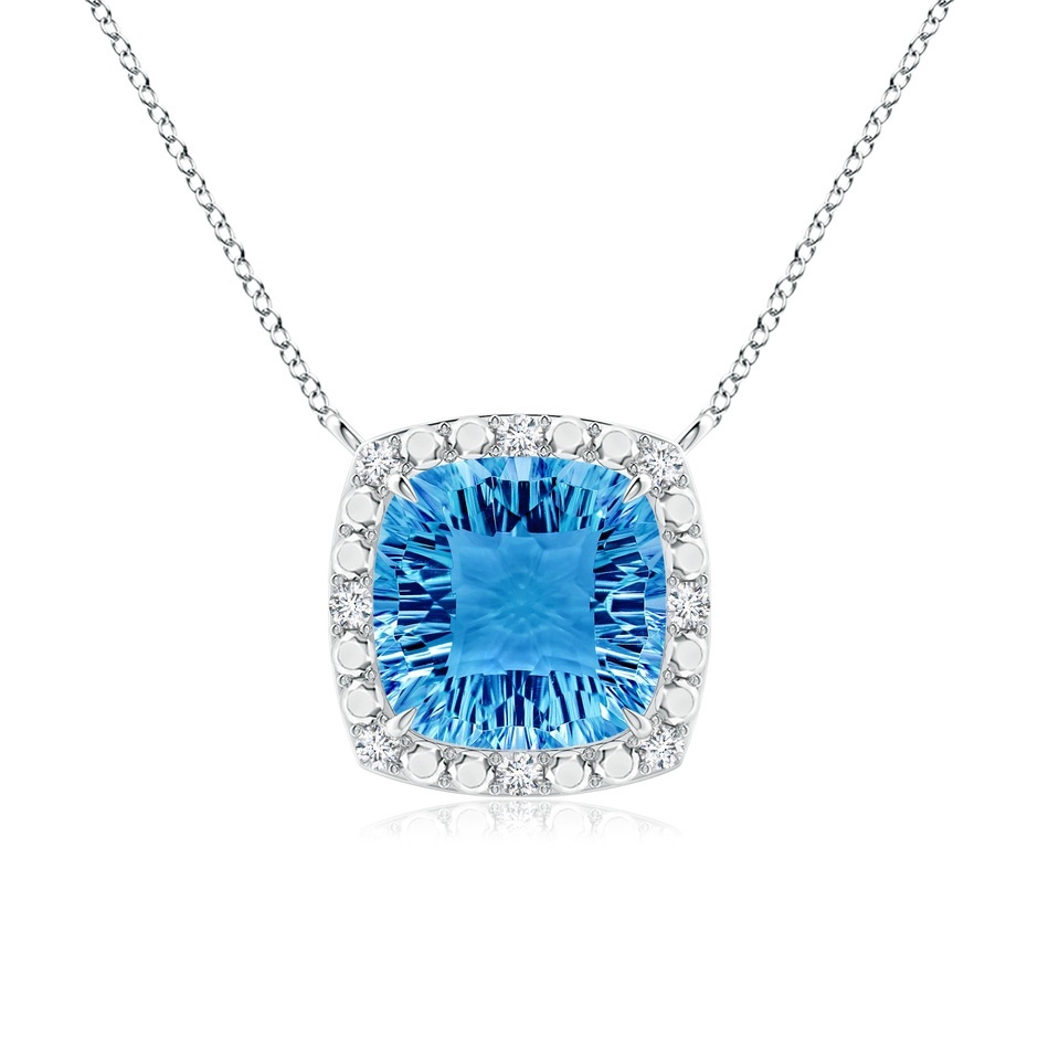 12mm AAAA Claw-Set Cushion Swiss Blue Topaz Pendant with Beaded Halo in White Gold 