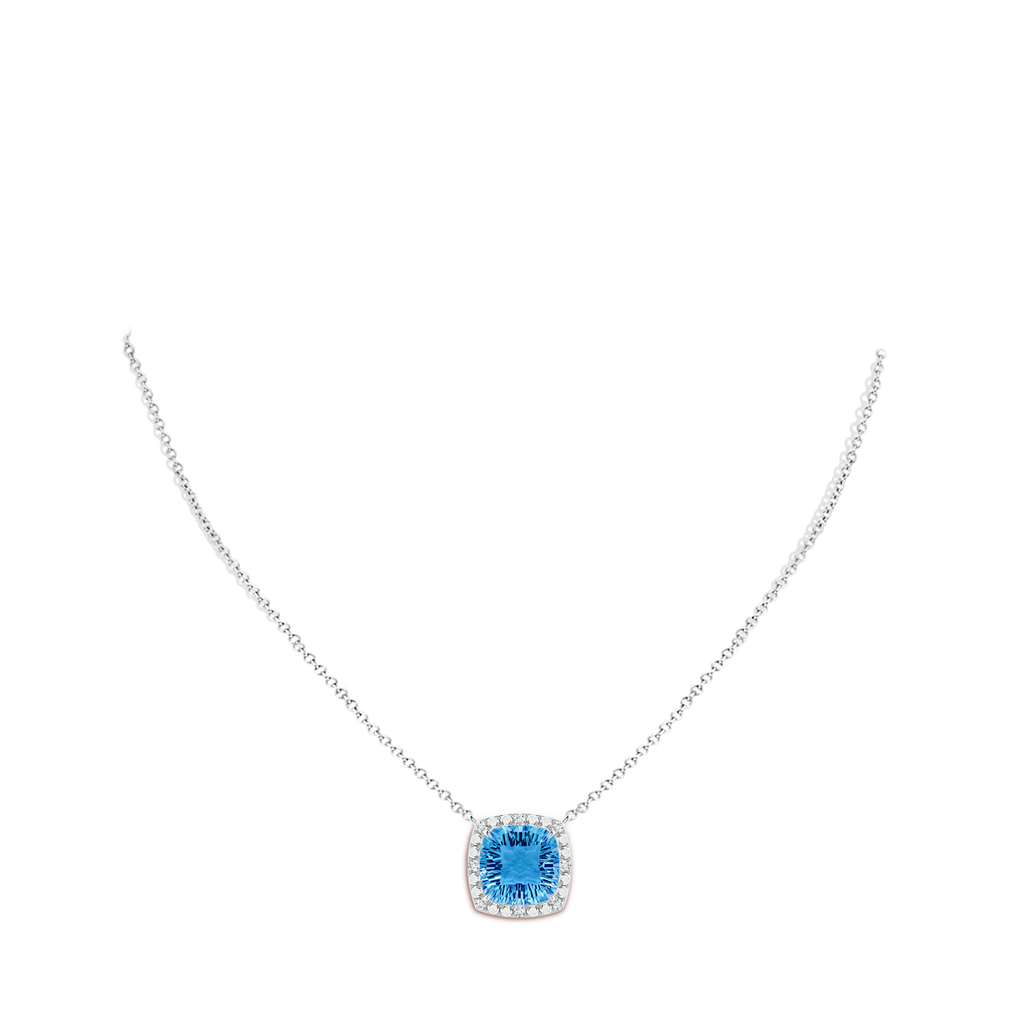 12mm AAAA Claw-Set Cushion Swiss Blue Topaz Pendant with Beaded Halo in White Gold Body-Neck