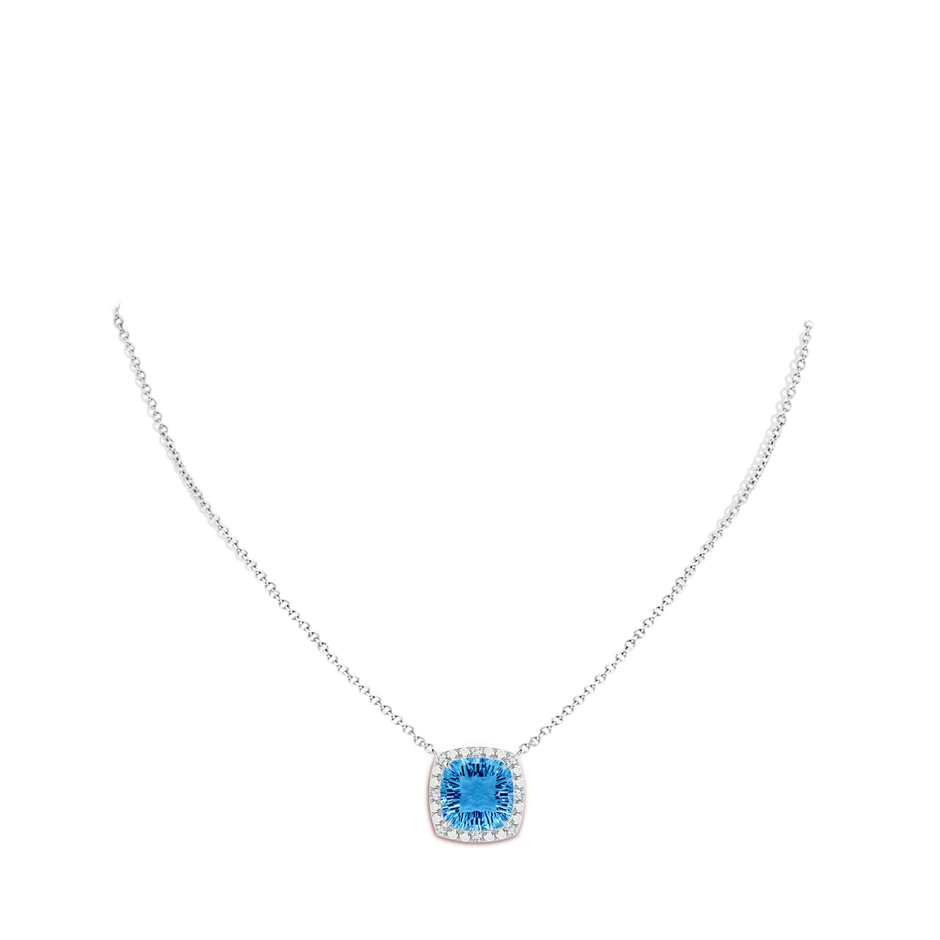 12mm AAAA Claw-Set Cushion Swiss Blue Topaz Pendant with Beaded Halo in White Gold body-neck