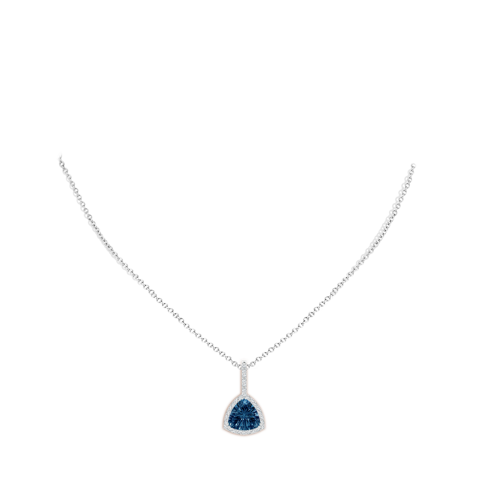 10mm AAAA Classic Trillion Concave-Cut London Blue Topaz Halo Pendant in White Gold body-neck