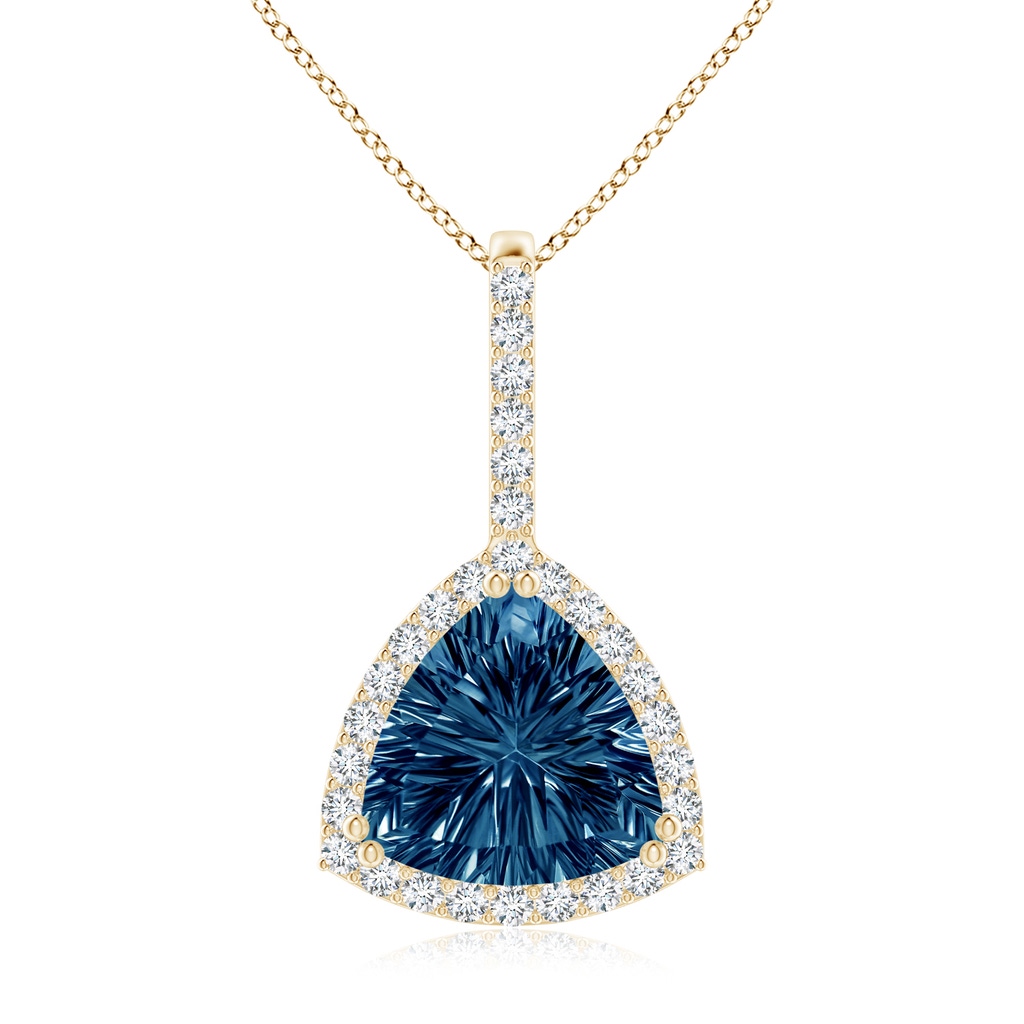10mm AAAA Classic Trillion Concave-Cut London Blue Topaz Halo Pendant in Yellow Gold