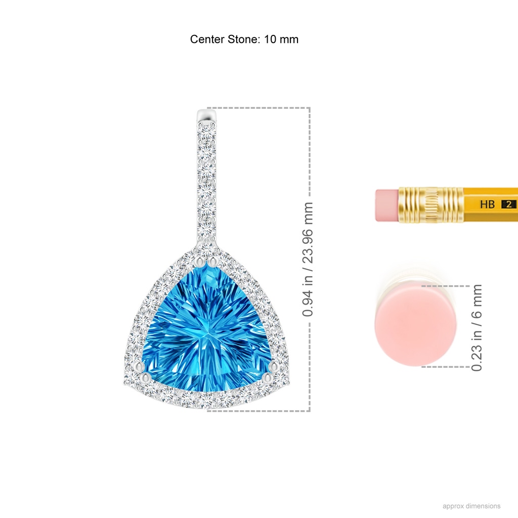 10mm AAAA Classic Trillion Concave-Cut Swiss Blue Topaz Halo Pendant in White Gold Ruler