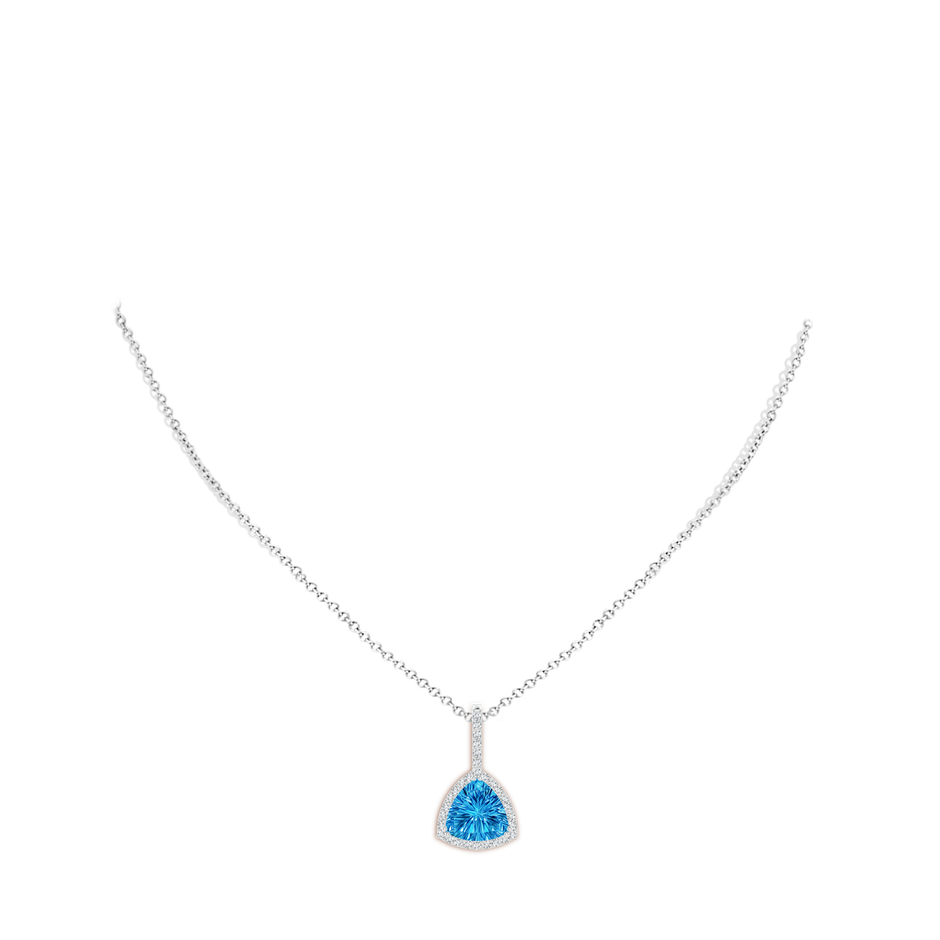 10mm AAAA Classic Trillion Concave-Cut Swiss Blue Topaz Halo Pendant in White Gold body-neck