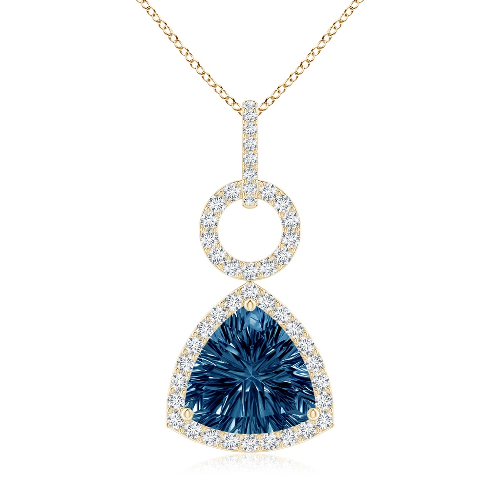 10mm AAAA Trillion Concave-Cut London Blue Topaz Open Halo Link Pendant in Yellow Gold