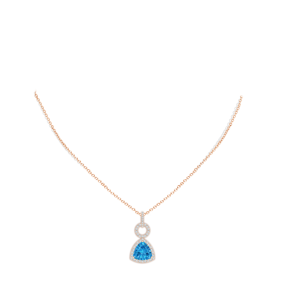 10mm AAAA Trillion Concave-Cut Swiss Blue Topaz Open Halo Link Pendant in Rose Gold body-neck