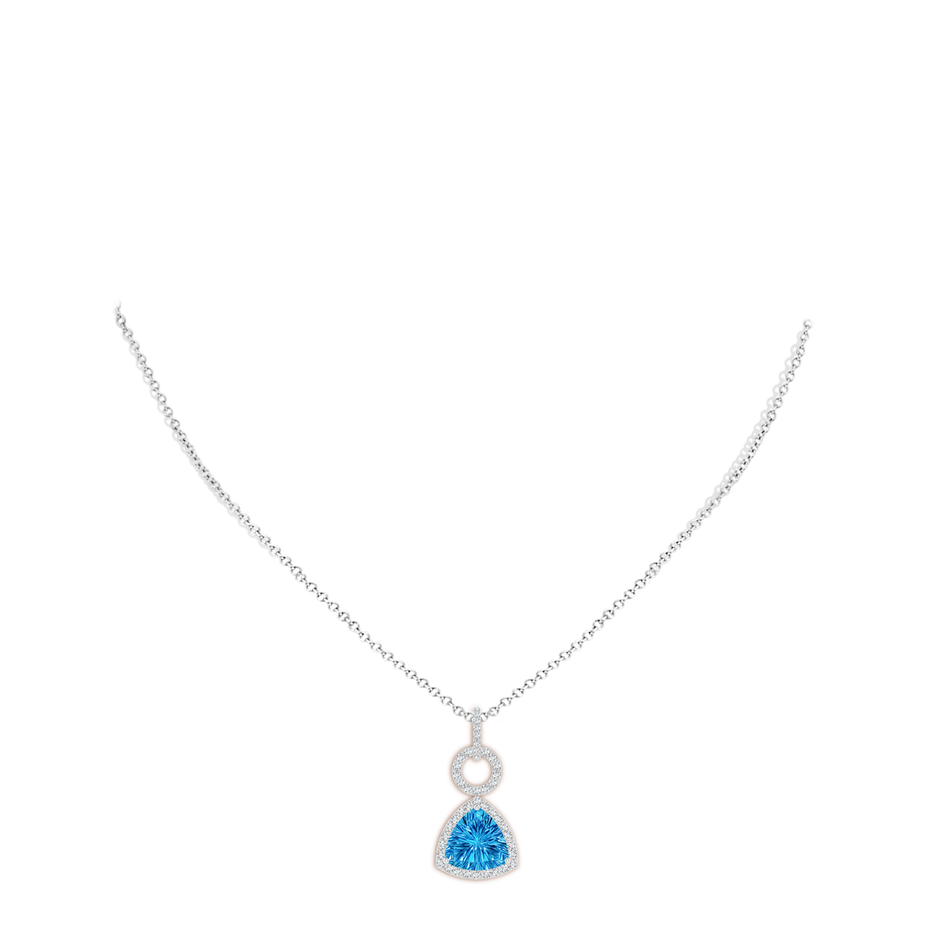 10mm AAAA Trillion Concave-Cut Swiss Blue Topaz Open Halo Link Pendant in White Gold body-neck