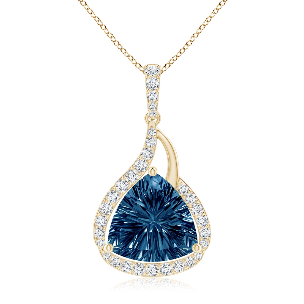 10mm AAAA Trillion Concave-Cut London Blue Topaz Flame Pendant in Yellow Gold